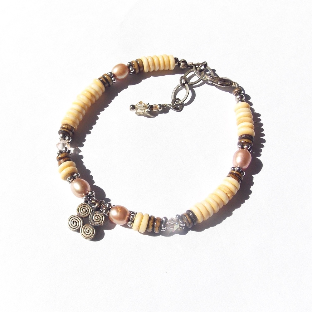 Tribal Boho Bracelet Pearls Crystal Bone Sterling